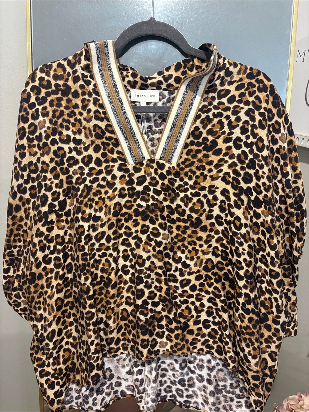 entro Leopard Print V-Neck Tunic with Striped Trim